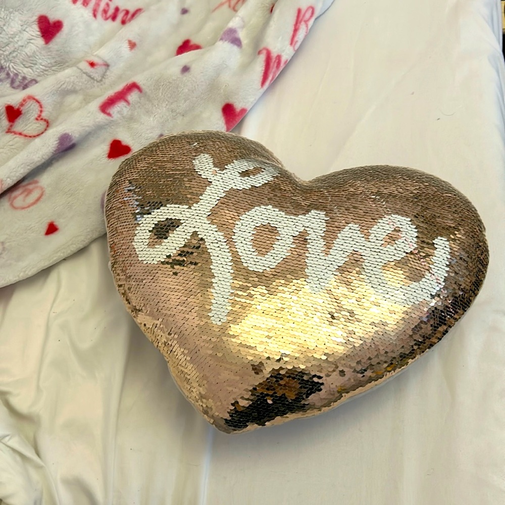Rose Gold and white sequence lovely heat shaped pillow , medium travel size .